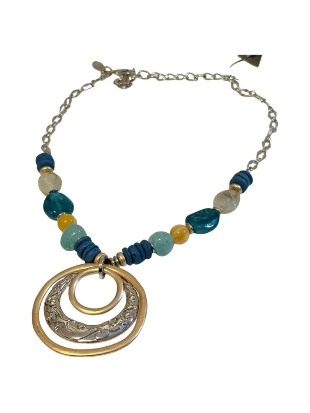 CHICO’s Coastal Two-Tone Medallion Blue Beaded Bib Necklace | NWT